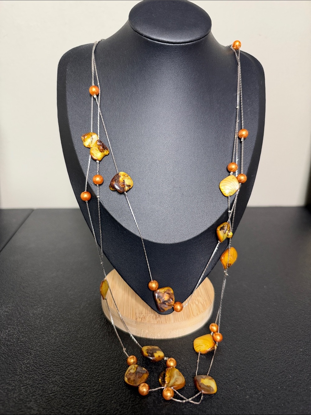 Long Amber Pearl Shell Bead Multi-Strand Elegant Silver Tone Necklace Orange